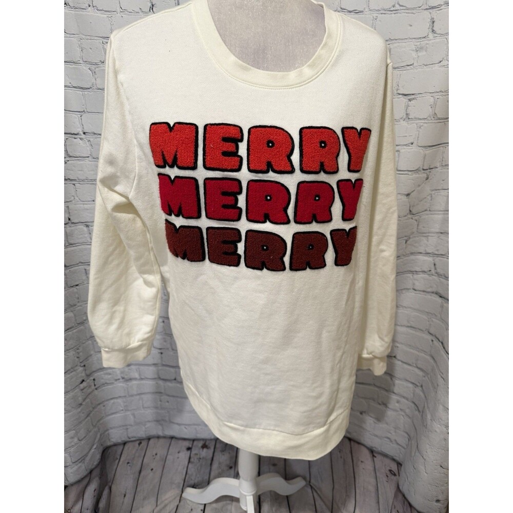 Lane Bryant Merry Graphic Christmas Holiday Cream Long Sleeve Sweatshirt 14/16
